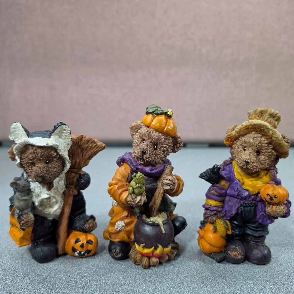 Teddy Bear Halloween Figurine Set 3pc Multicolor Good Witch Scarecrow Cook